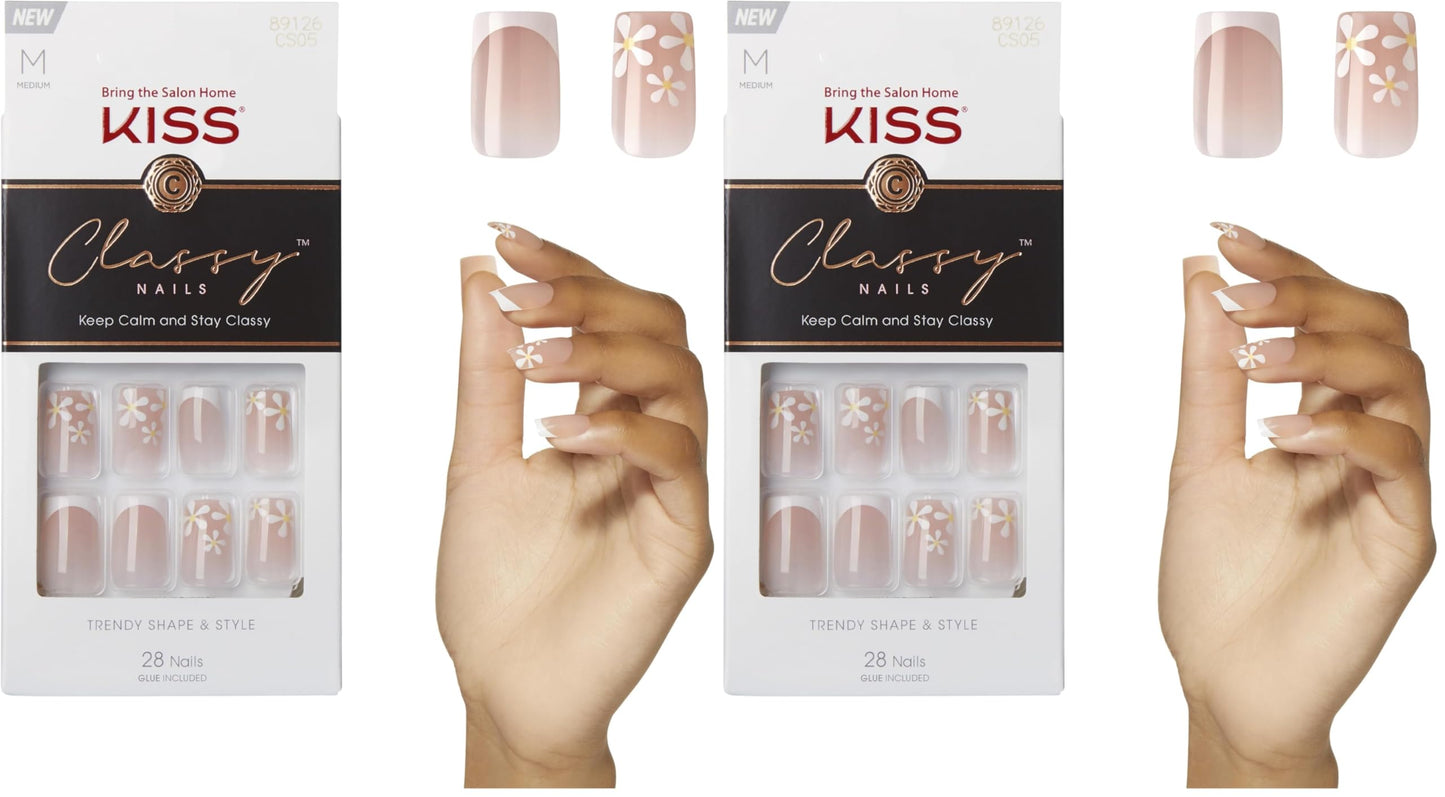 KISS Classy, Press On Nails, Nail glue included, 'Stay Charmed', White, Medium Size, Square Shape, Includes 28 Nails, 2g glue, 1 Manicure Stick, 1 Mini File (Pack of 2)