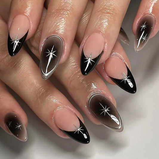 MISUD Press on Nails - Medium Almond Fake Nails with Goth Black, Acrylic Silver Chrome Star Design 24 pcs