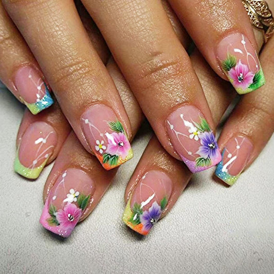 Colorful Press on Nails Short Square Fake Nails Flower False Nails Glossy Acrylic Nails Full Cover Stick on Nails with designs Floral Glue on Nails Sprinng Summer Nails for Women Girls Manicure24pcs