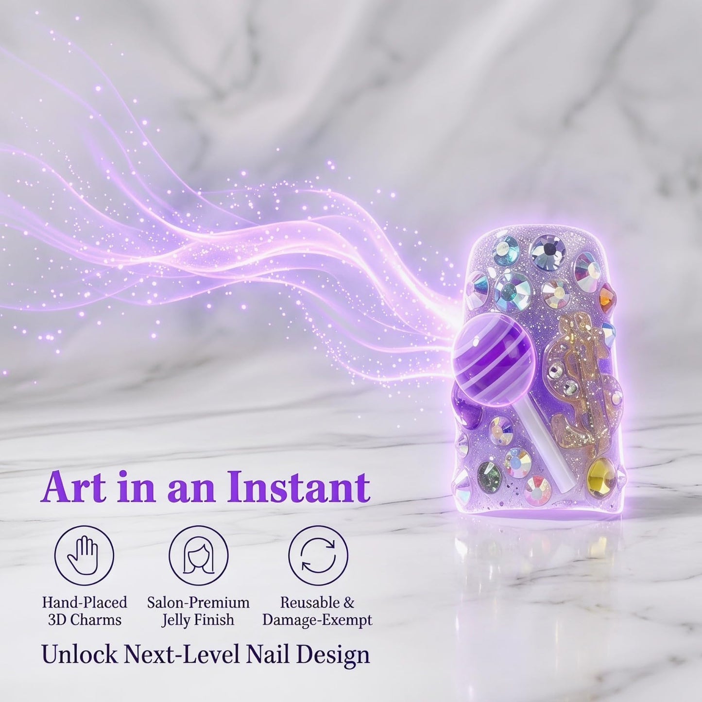 Luxury Colorful Handmade Press on Nails Duckbill Mediu Fake Nails with 3D Candy Rhinestones Design False Nails Embossed Reusable Full Cover Glue on Nail for Women Manicure 10Pcs (Size M)