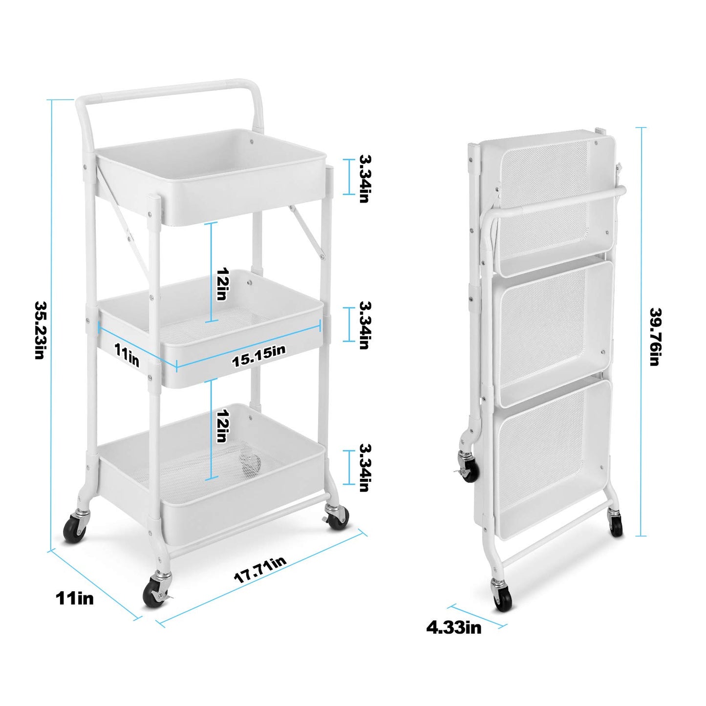johgee Foldable 3 Tier Metal Utility Rolling Cart, Folding Mobile Multi-Function Storage Trolley Organizer Cart for Home Library Office(White)