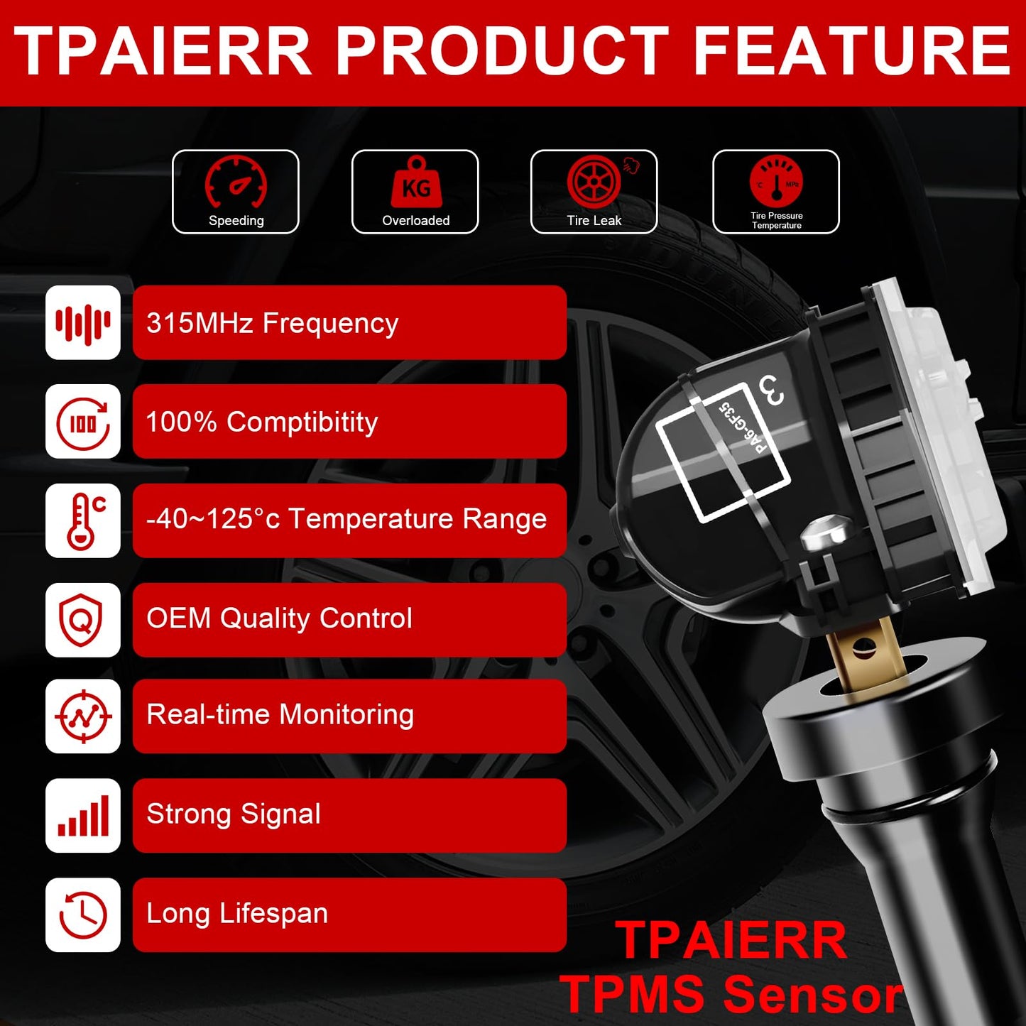 TPAIERR 4Pcs TPMS Sensor, 433Mhz OE 56029398AA, 56029398AB, 68241067AA, 68241067AB Pre-Programed Tire Pressure Monitoring System Sensors Compatible with Jeep/Dodge/Ram 1500 2500 for Chrysler Set of 4