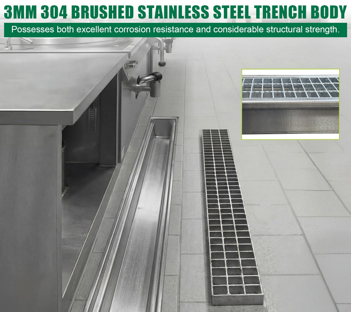 Natotela Driveway 304 Stainless Steel Channel Drain with Galvanized Steel Grate-39.4x7.1x6.3in B125 Heavy Duty Metal Trench Drain System,Durable Outdoor Drainage System for Garage,Parking Lot