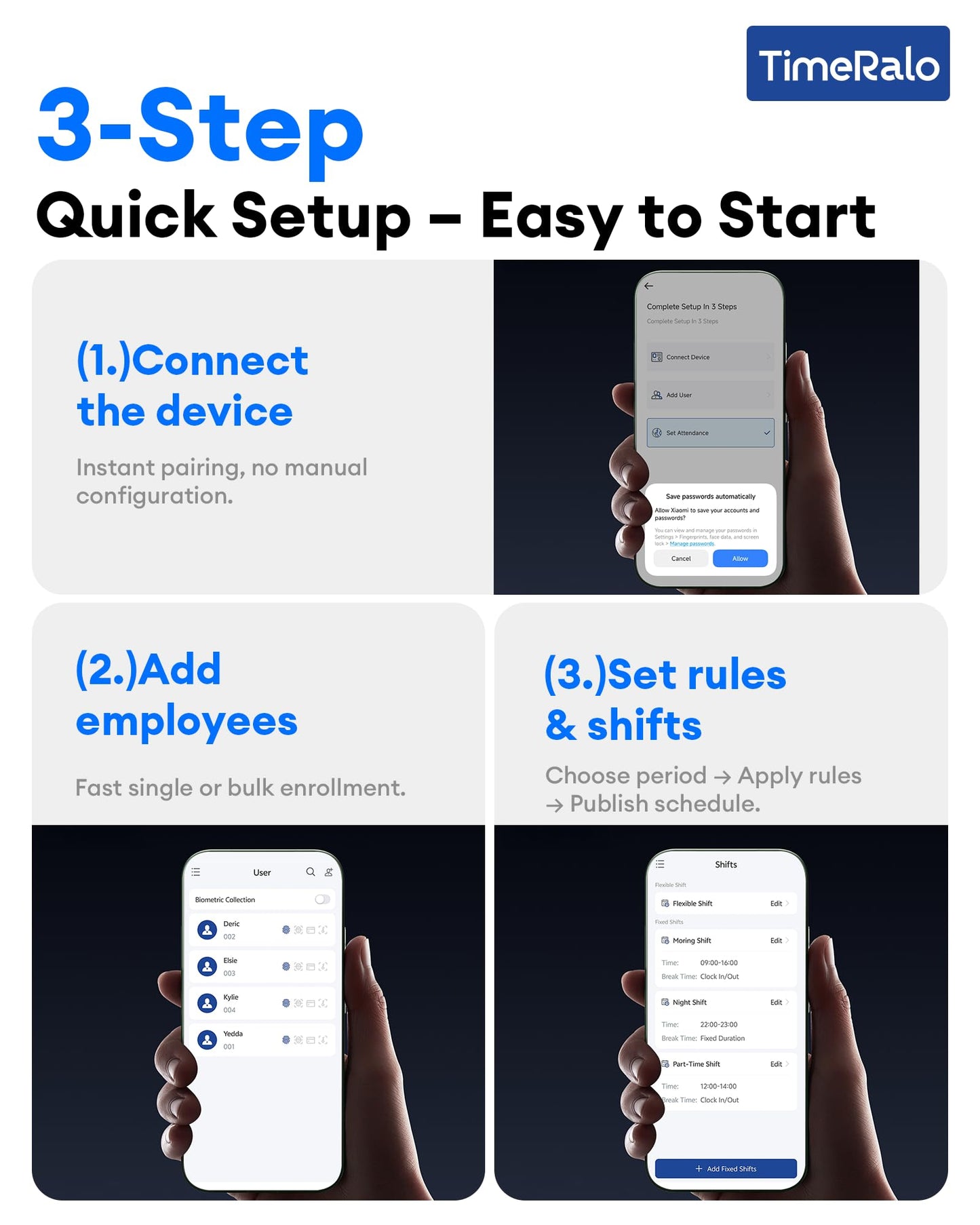 TimeRalo Cloud-Based Time Clock for Small Businesses, 3-in-1 Fingerprint Attendance System with Smart Scheduling, Overtime & Lunch Rules, 2.4GHz WiFi, Auto Reports, No Monthly Fees (with 10 ID Cards)