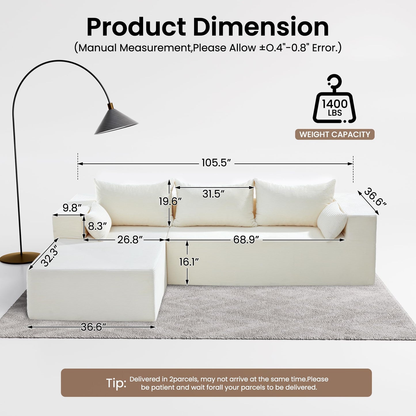 106" Cloud Sectional Boneless Couches for Living Room, Modular L Shaped Couch with Deep Seat Oversized Left Facing Chaise, Memory Foam Compressed Spineless 3 Seater Sofa for Bedroom Apartment, Beige