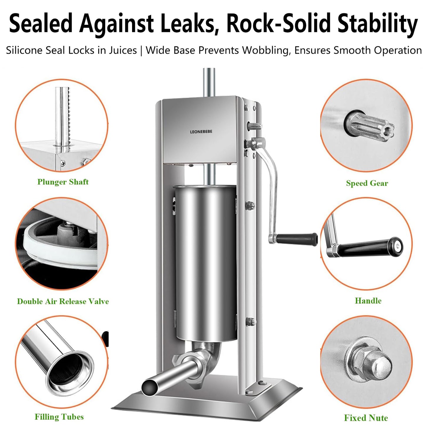 LEONEBEBE Manual Sausage Stuffer Filler, Commercial Vertical Sausage Maker Machine, 7Lbs/3L Capacity, 2 Speeds, Adjustable, 4 Stainless Steel Filling Tubes, Silver