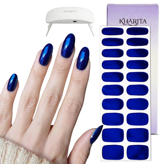 KHARITA Semi Cured Gel Nail Strips – Real Gel Nail Polish Wraps for Brittle Nails | Waterproof Long Lasting Easy Peel-Off Removal | Hema-Free | 20-Piece Chrome Dark Blue Salon Kit with UV Light