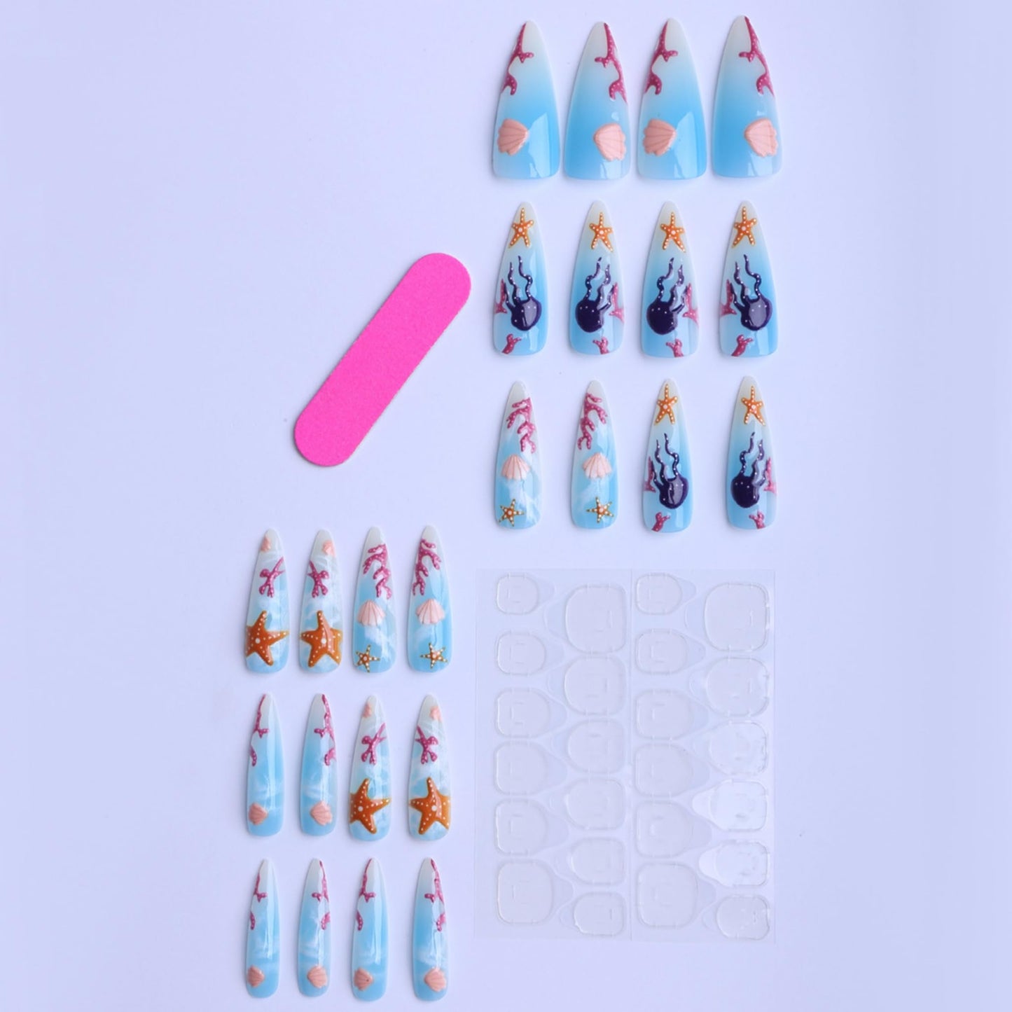 Long Press on Nails Almond Fake Nails Blue Artificial Nail Seeneey Summer Beach Stick on Nail for Women 24pcs