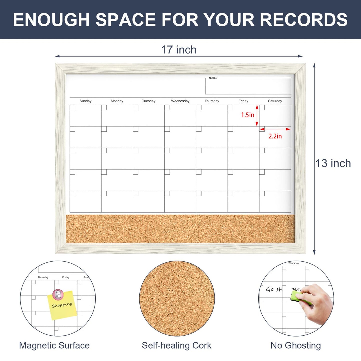 Calendar Whiteboard for Wall, TANKEE 17x13 Inches Whiteboard Calendar Cork Board Combo, Small Magnetic White Board with Wood Framed, Hanging Dry Erase Board for Kitchen Home Office School Planner