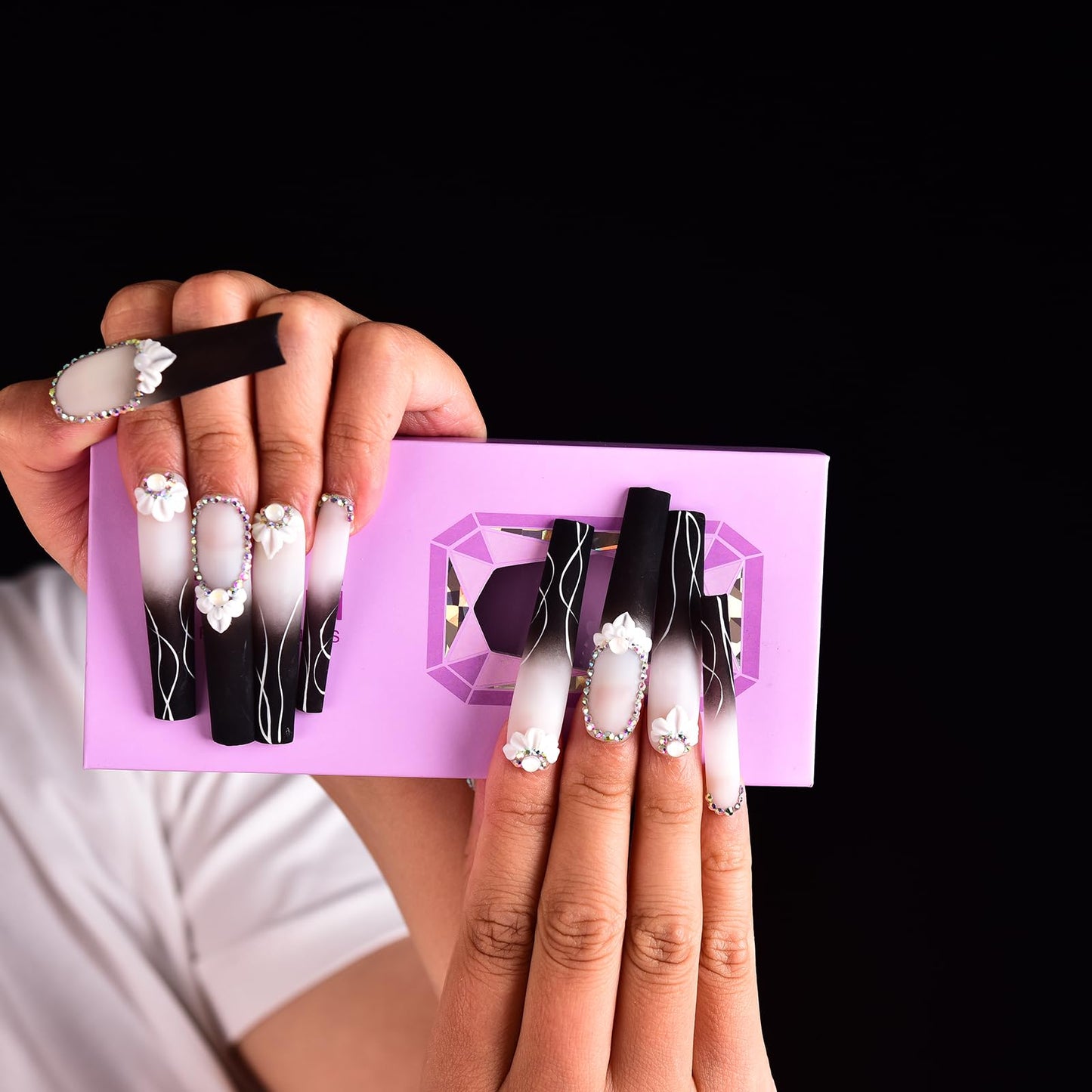 Tmani 10pc/set Extra Long Handmade Press On Nail Hot Girl's Long Ballet Nails Square Nail Full of Diamond Glitter Decoration Fake Nails Suitable For Girls Festival Parties and Birthday Gift (280,M)