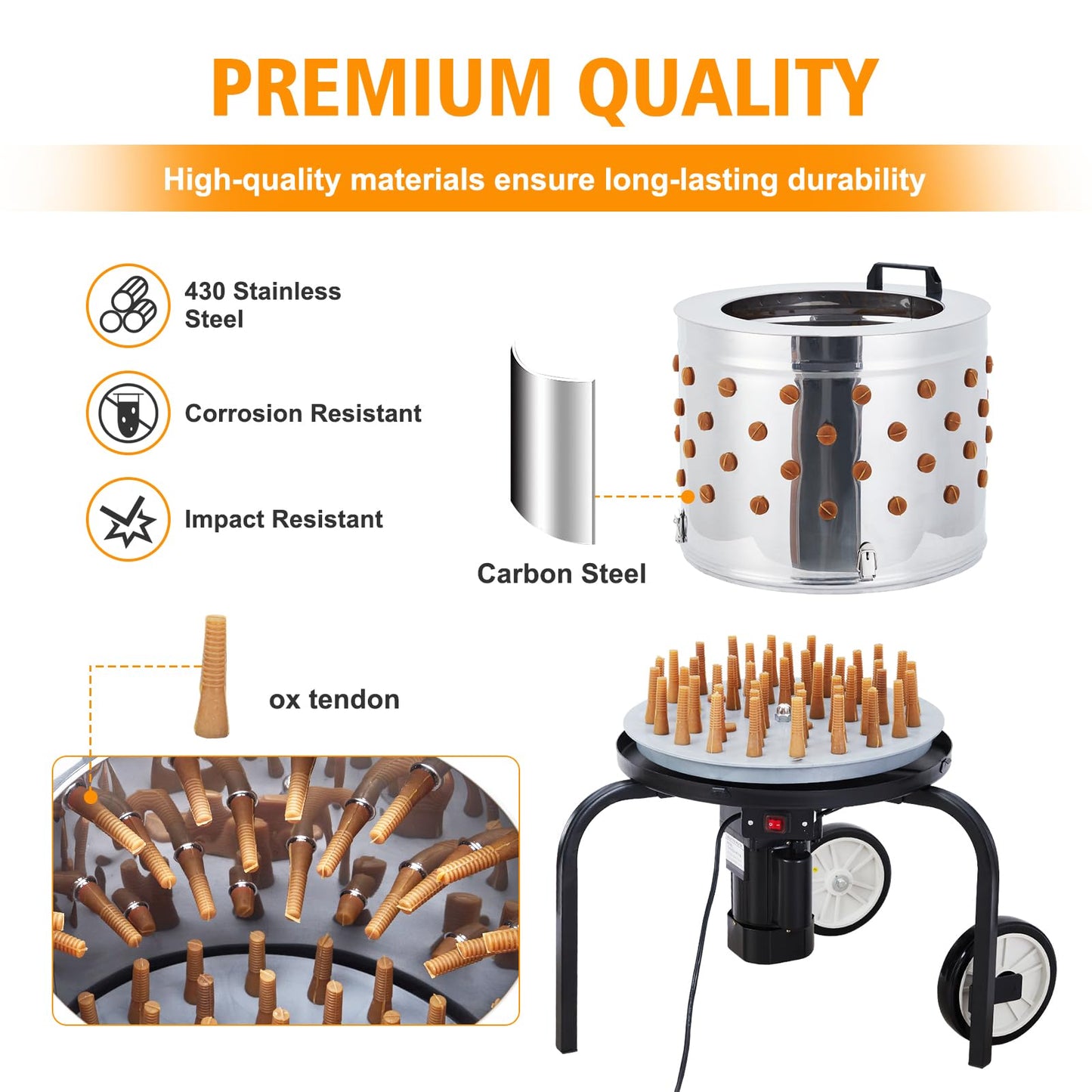 Towallmark Stainless Steel Poultry Plucker Machine - 500W High Efficiency Commercial Chicken Plucker, 106 Soft Fingers, for Farms, Chicken Processing Plants, Restaurants, Home
