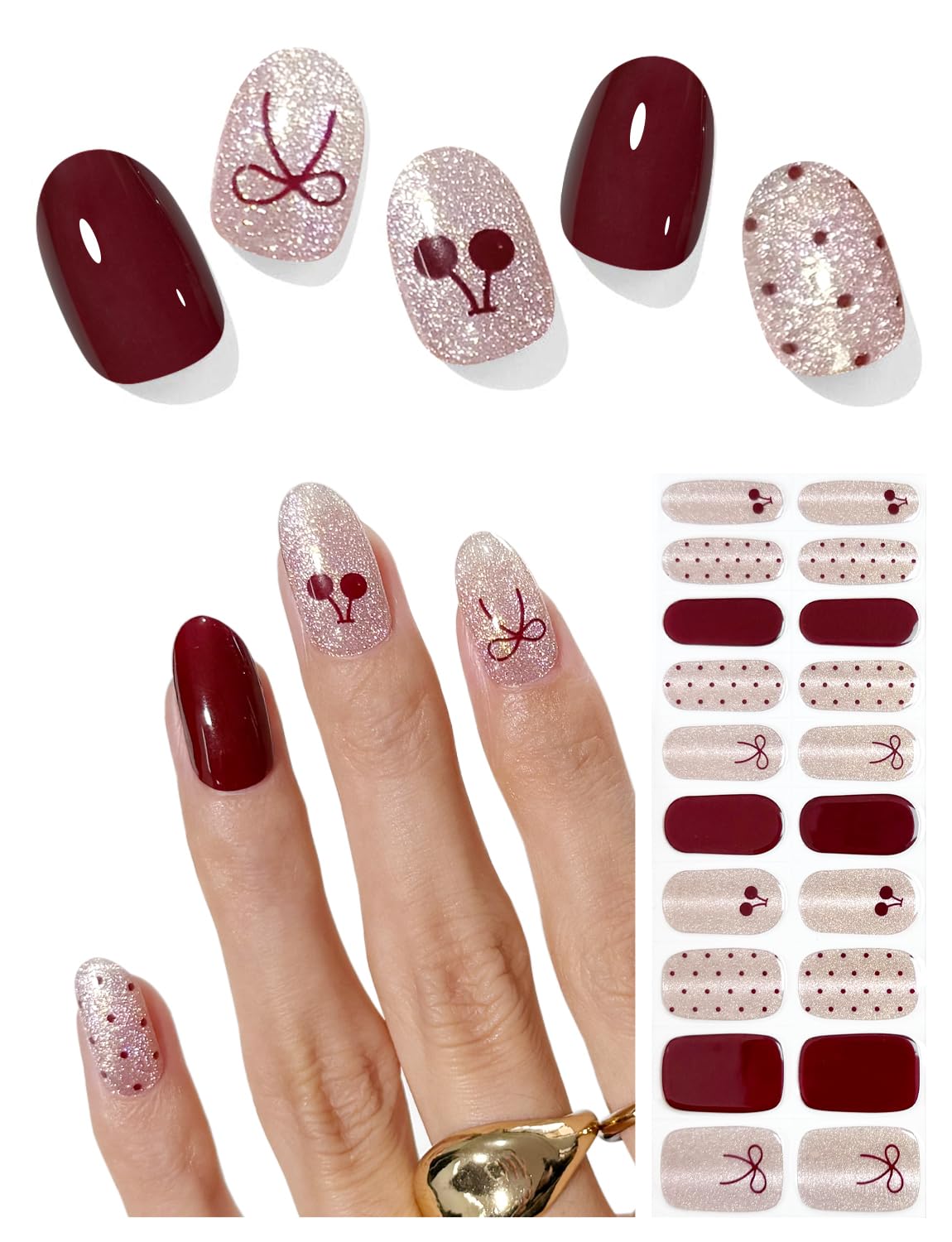 AutyaMee Semi Cured Gel Nail Strips (Bow Cat Eye), Valentine's Day, 20 Pcs Gel Nail Wraps, Stickers, Salon Quality, Works with Any UV Lamps