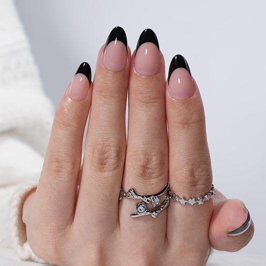 Black French Tip Press On Nails - Black Short Almond Fake Nails, French Tip Press On Nails Reusable Stick On Nails in 16 Sizes, 32pcs False Nail Kit for Women & Girls