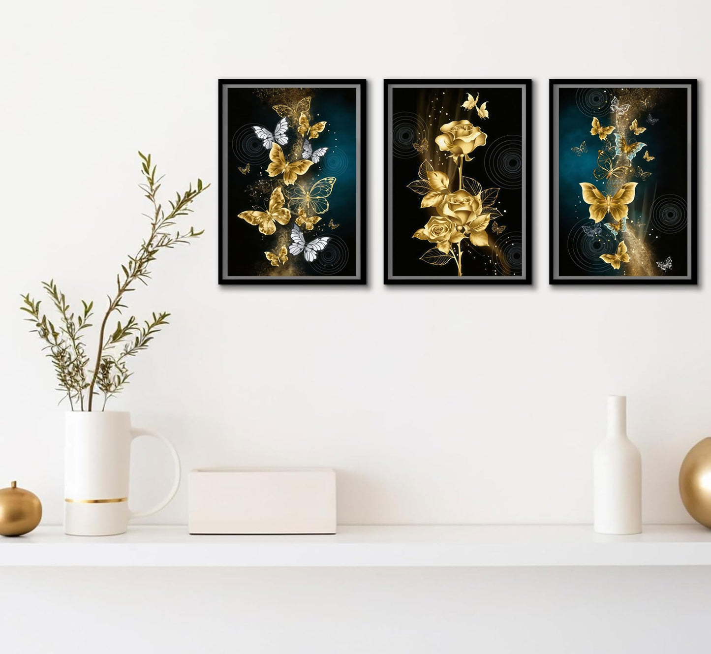 3Pcs Abstract Gold Butterfly Canvas Wall Art Gold Butterfly and Rose Posters Prints Painting Modern luxury Flowers Wall Decor pictures for Living Room Bedroom Home Decoration Unframed