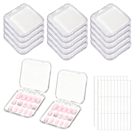 BMHHWAI 14Pcs Press On Nail Storage Box with 60Pcs Adhesive Double Sided Tape, Press on Nail Packaging Supplies False Nails Display Cases Boxes for Nail Art Salon Business(Clear)