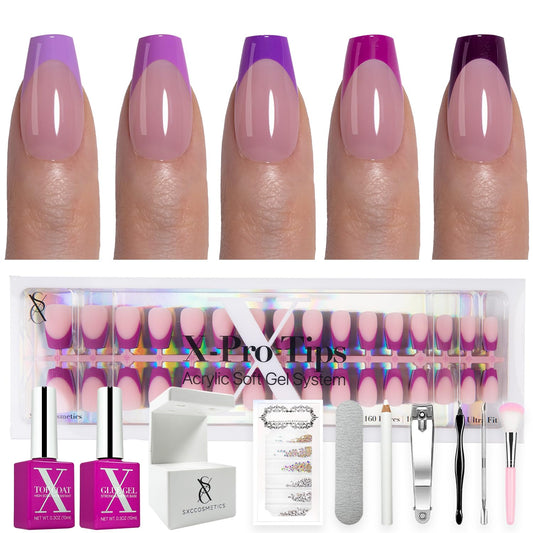 SXC Cosmetics French Tip Press On Nails – Purple Series, Short Coffin, X-Pro Tips Starter Kit | 160PCS, 16 Sizes, 5 Styles, Beginner-Friendly