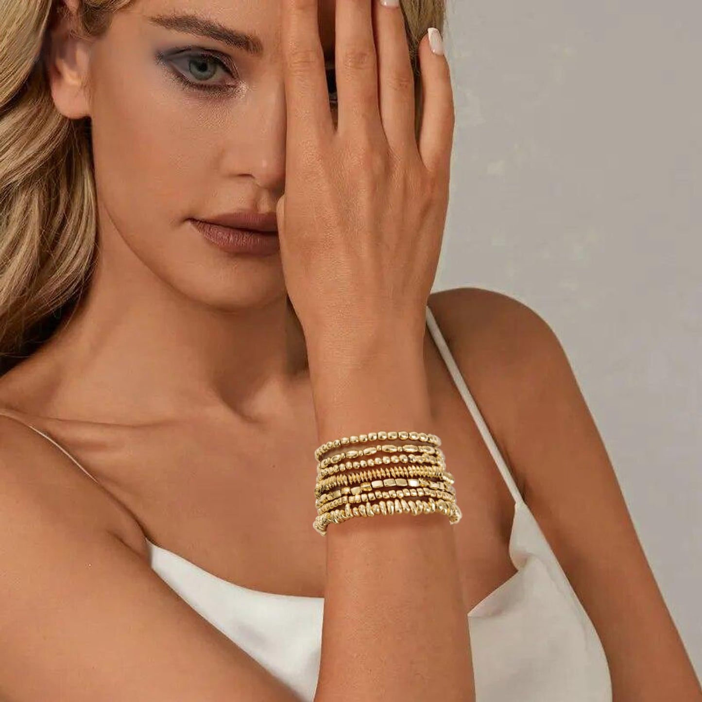 Sajidos Gold Plated Beaded Bracelets for Women Trendy, 14K Gold Plated Stack Cross Pearl Bead Stretch Bracelets Set Elastic Hypoallergenic Bracelets Jewelry Gifts (style5)