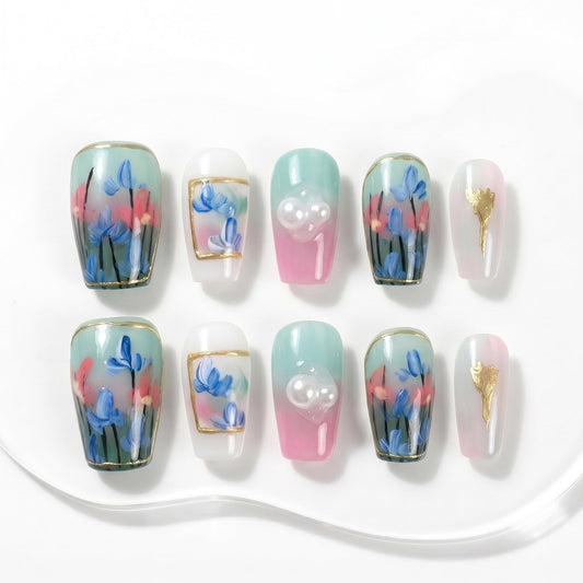 Sun&Beam Nails Handmade Press On Nails Short Square Nude Pink Blue Floral Glossy 10 Pieces Easy At Home Manicure for Everyday Wear (#013 S)