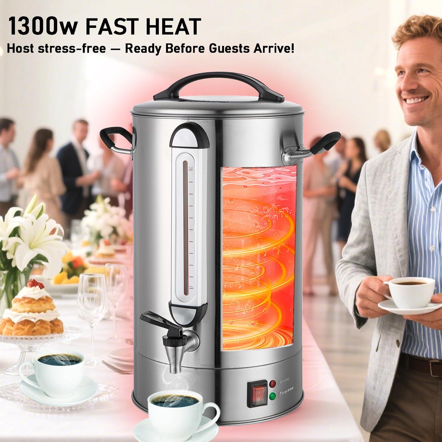 Fattong's Lab Commercial Coffee Urn, 120 Cup Large Coffee Maker for Catering & Events, 20L Stainless Steel Percolator, 1300W Fast Brew Hot Water Dispenser with Double Wall Insulation, Silver