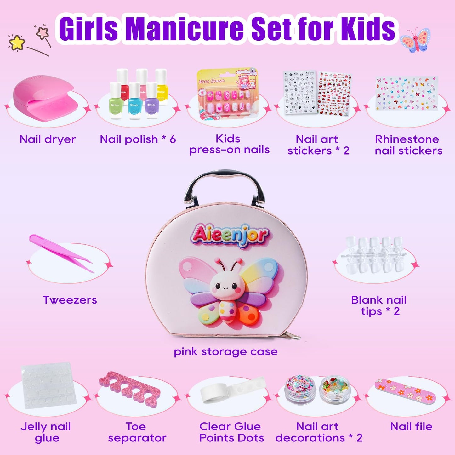 Aieenjor Kids Nail Polish, Toddler Nail Polish, Washable Non-Toxic Girls' Nails Kit with Dryer, DIY Manicure Studio with Stickers & Gems, Perfect Birthday & Party Gift for Girl