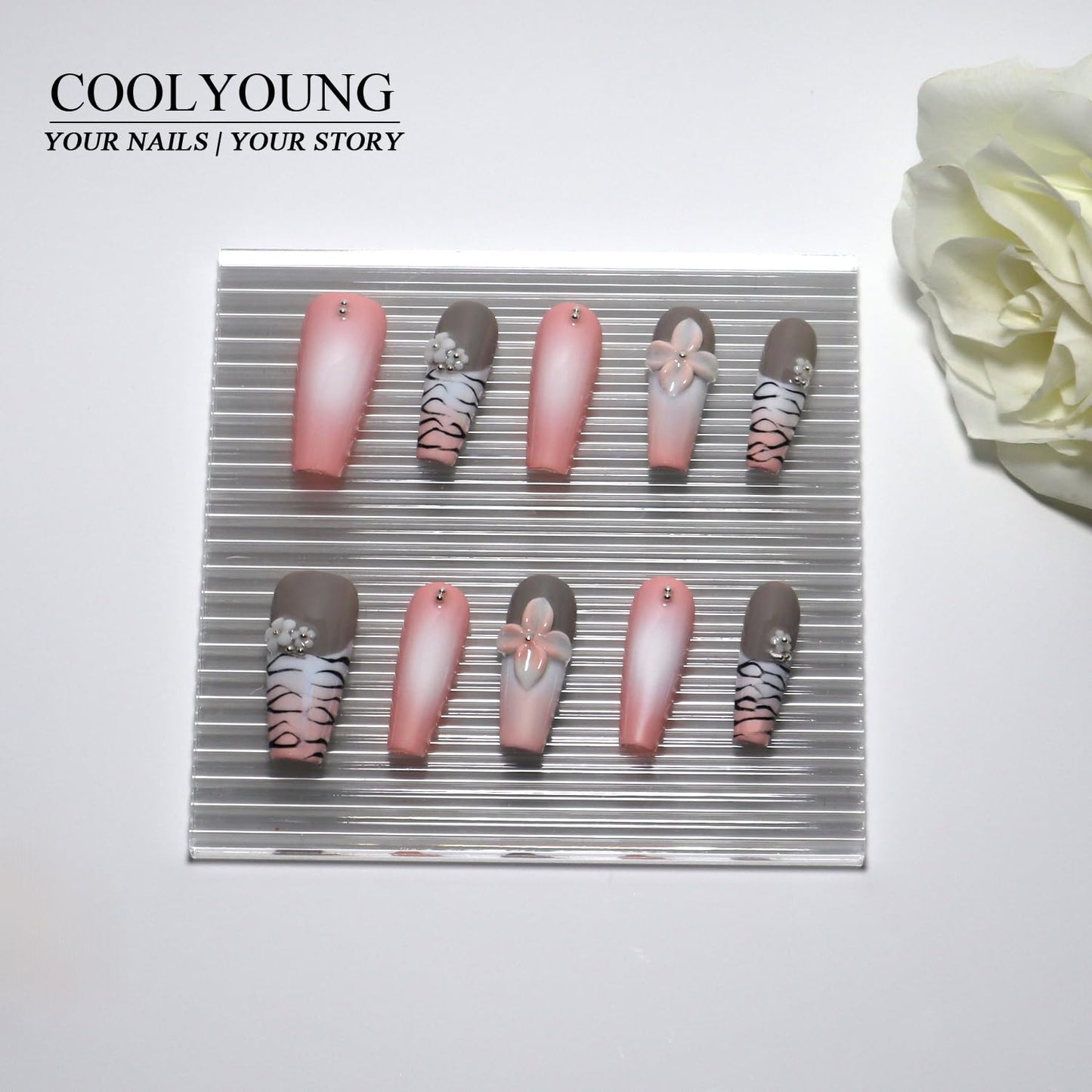 COOLYOUNG Medium Coffin Press On Nails, 3D Nail Art, Infatuation, Floral Press On Nails, Coquette Nails, 10 Pieces Press On Acrylic Nails with 1 Storage Bag and Gel Nail Kit