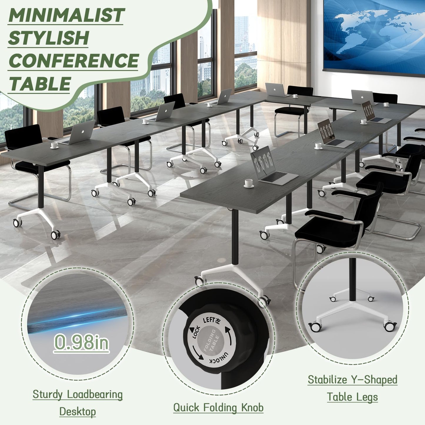 rzoizwko 2 Folding Conference Room Table with Wheels, Portable Foldable Training Meeting Table for Office, Classroom, Boardroom, Easy Storage and Move, Sturdy Office Furniture