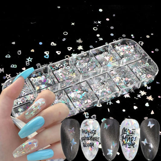 Vezocim Silver Glitter Nail Flakes Holographic 3D Glitters Sequins Decorations, Heart Circle Letters Butterfly Design Supplies DIY Sparkly Resin Nail Art Tips