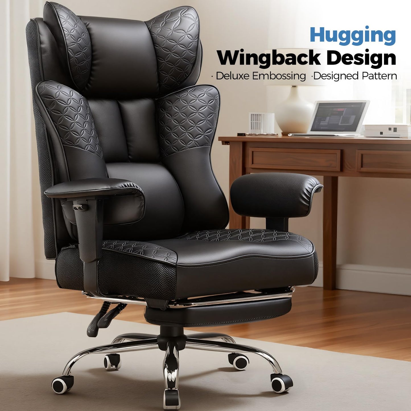 GTPLAYER Big and Tall Office Chair 400LBS Wide Ergonomic Gaming Chair with Deluxe Embossing Designed Leather with Foot Rest,150°Reclining Adjustable Soft Armrests Pocket Spring Back Support and Pillow