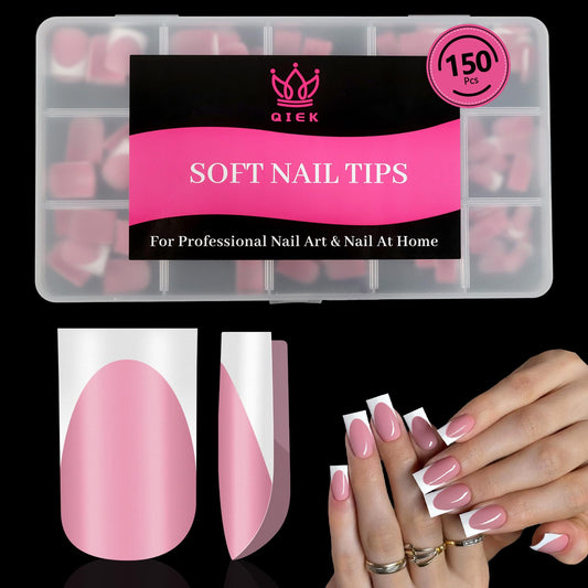 Qiek French Tips Press On Nails - 150Pcs Deep Pink Short Square Soft Gel Nail Tips Pre-Designed, 15 Sizes Fake Nails for Nail Art DIY, False Nails Salon Quality Manicure at Home Gifts For Women