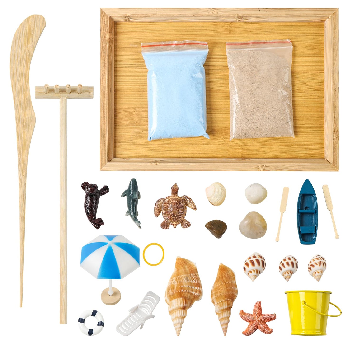 Zen Garden Kit for Desk - Premium Beautiful Japanese Mini Beach Zen Sand Garden Box Decor Set for Home, Office with Bamboo Tray, Sand, Tools, Shark, Ship - Desktop Meditation, Accessories Zen Gifts