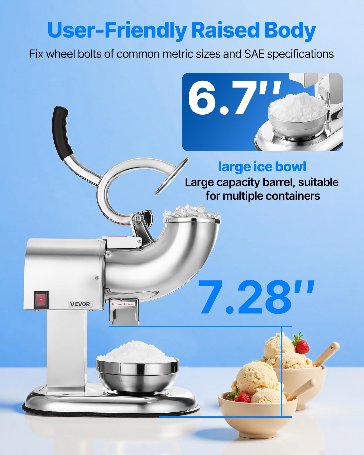 VEVOR Ice Crusher Machine, 440lbs Per Hour Electric 4 Blades Snow Cone Maker, All Stainless Steel Shaved Ice Machine with Bowl and Cover, 350W 1400RPM Ice-Shaver for Home and Commercial Use, Silver