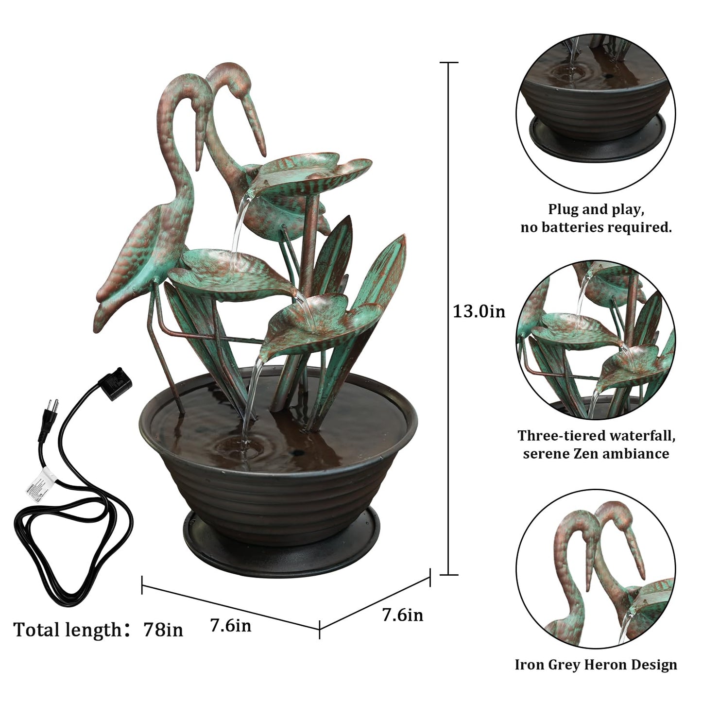 YEAHOME Tabletop Water Fountain with Standing Metal Crane for Home Decor, 3-Tier Lotus Leaf Indoor Zen Waterfall Fountains for Apartment, Living Room, Housewarming Gifts