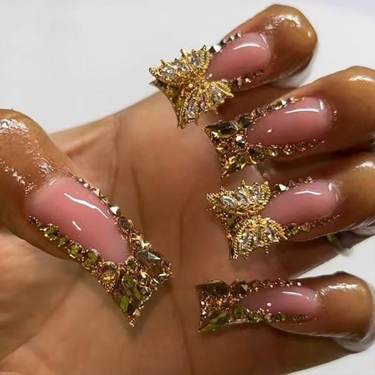 IMSOHOT Golden Duck Press on Rhinestone French Tips Fake Nails with Duckbill Designs Bling Feet Style Glossy False Nails with Butterfly Diamonds Design 24Pcs