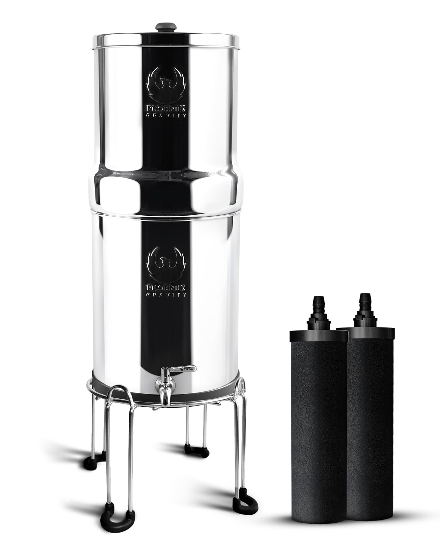 2.25 G AISI 304 Stainless Steel Premium Gravity Water Filter System | NSF Certified 2 Smart Carbon Filter Elements | Free Stainless Steel Stand & Spigot | No Plumbing/Electricity Required | Portable