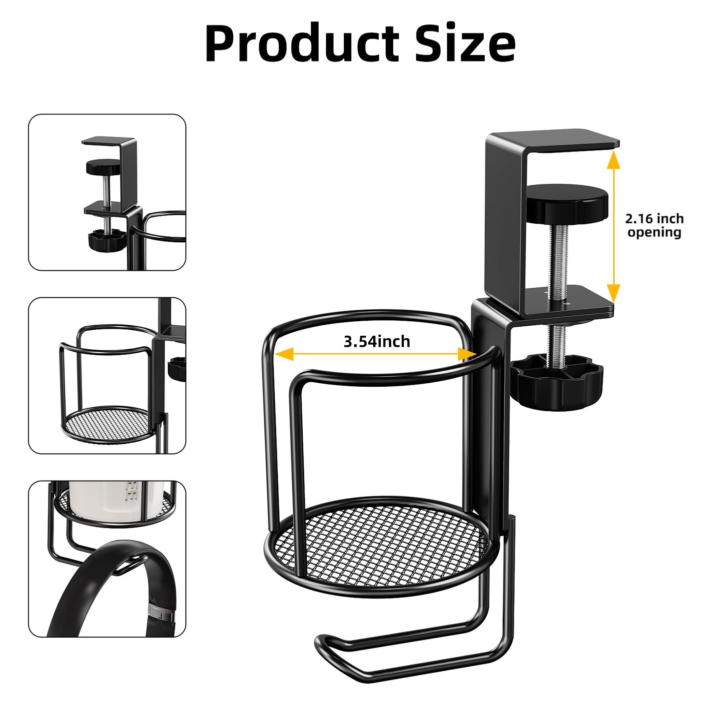CABTE 2 in 1 Desk Cup Holder with Headphone Hanger Holder, Anti-Spill Clip-On Table Cup Hook with 360° Rotation for Lawn Chair, Office Home Gaming Table (1 Pack)