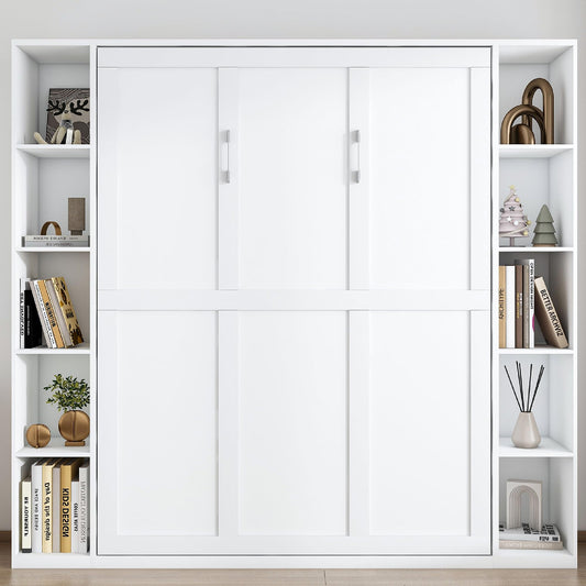 KEIKI Queen Size Murphy Bed Chest, Folding Cabinet Wall Bed Frame with Storage Shelves, Sapce Saving Hideaway Cabinets Beds Frames for Apartment Bedroom Guest Room, Wood Slats Support, White