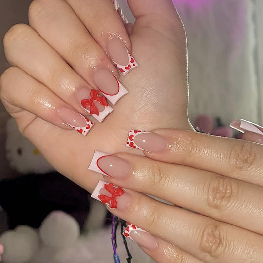 24Pcs Valentine's Day French Tip Press on Nails Medium Coffin Bow Fake Nails with Red Rhinestones Design Nude Pink False Nails Full Cover Artificial Glue on Nails Valentines Stick on Nails for Women