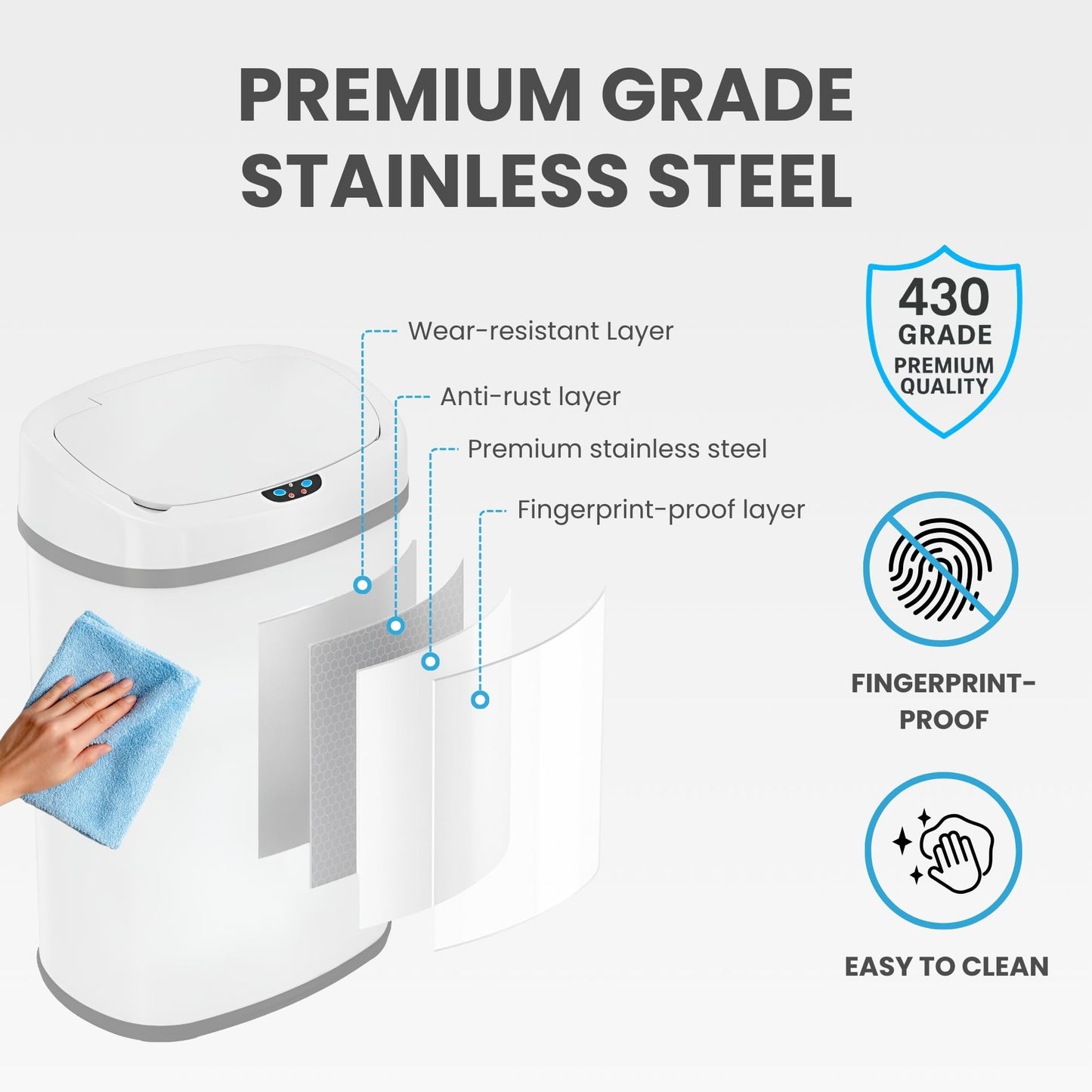 iTouchless 13 Gallon Oval Motion Sensor Garbage Container with Odor Filter, 50L Touchless Stainless Steel Kitchen Bin, Smart Automatic Lid, Fingerprint-Proof, Soft-Close, Brilliant White