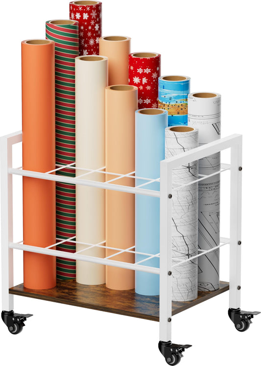 Tigerden Blueprint Storage Rack Cart, 15 Slots Metal Rolling File Holder with Wheels & Adjustable Pads, Mobile Gift Wrapping Paper Organizer for Maps/Posters/Architectural Construction Plans, White