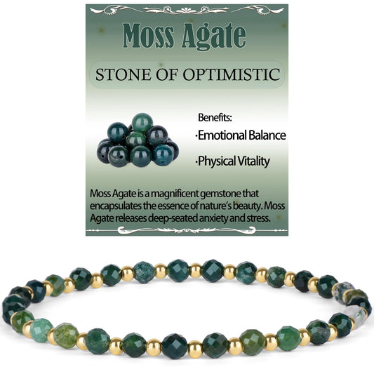 QOGIR Moss Agate - Stone of Optimistic - 14K Gold Plated Beads Natural Gemstone Stretch Elastic Dainty Healing Beaded Bracelets Gifts 4mm