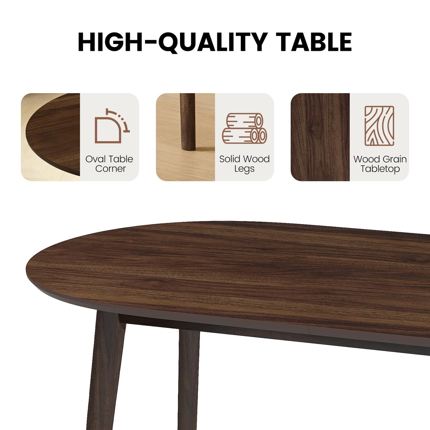domusdisn 63" Oval Dining Table Set for 4, 5 Piece Modern Dining Table Set for Kitchen and Dining Room Furniture, Solid Wood Legs Dining Table with 4 PU Leather Chairs（Walnut Table+4 Brown Chairs