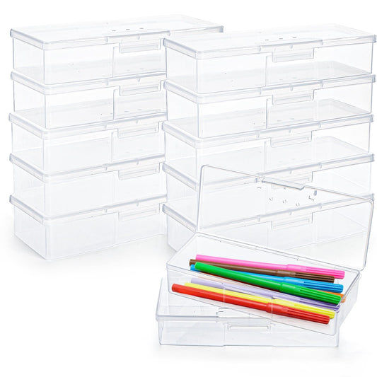 ZOOFOX 12 Pack Plastic Nail Storage Box, Stackable Pencil Case with Hinged Lid and Snap Closure, Clear Rectangle Box for Organizing Manicure Pedicure Kit, Crayon, Beads, Jewelry, Office Supplies