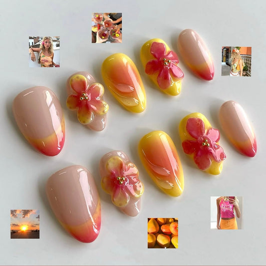 Luxury Press on Nails Short Almond Handmade 3D Unique Reusable ABS Material Fake Nails French Tip False Nails with Designs Flower Yellow&Pink Glossy Glue on Nail Thick Acrylic Nail(M)