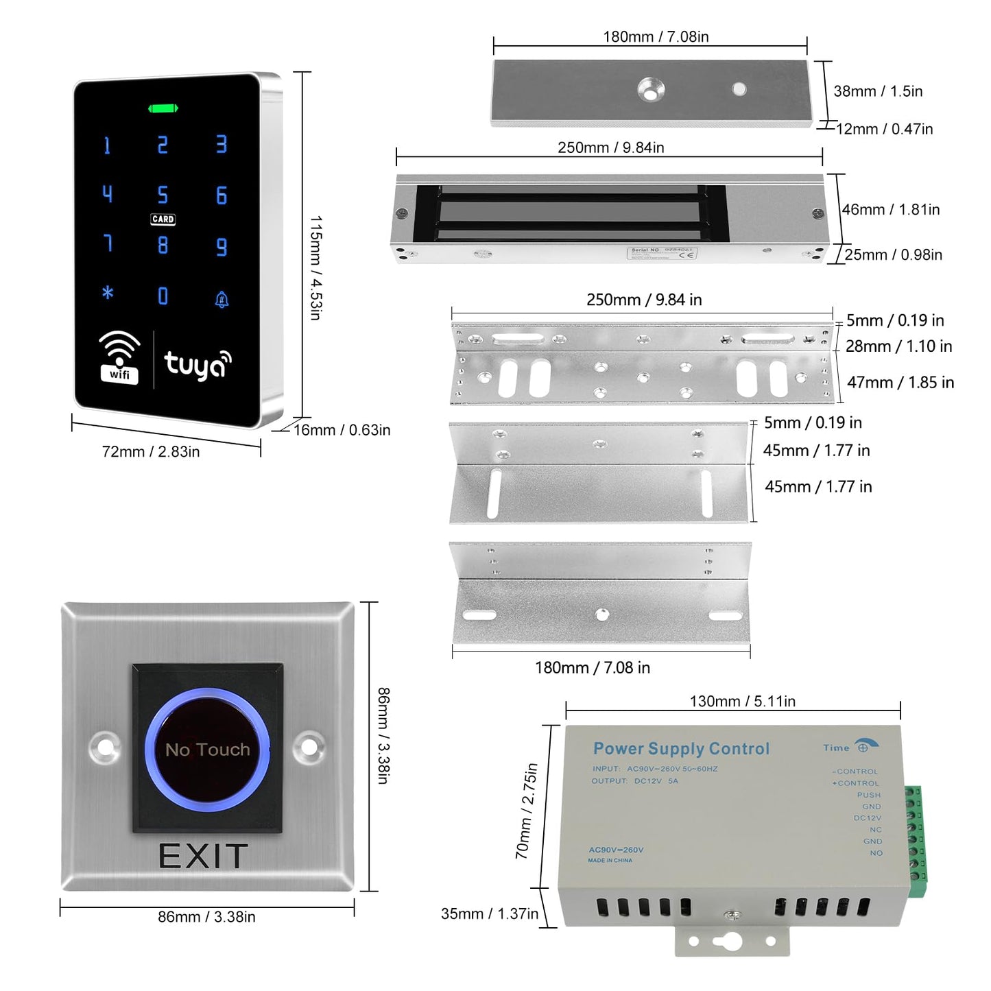 XYBkey WiFi TUYA Complete Security Access System Kit with Waterproof RFID Touch Keypad Door Lock, Smart Remote Door Opener, App，600-Pound Electric Magnetic Lock + ZL, Metal Sensor Switch, Doorbel