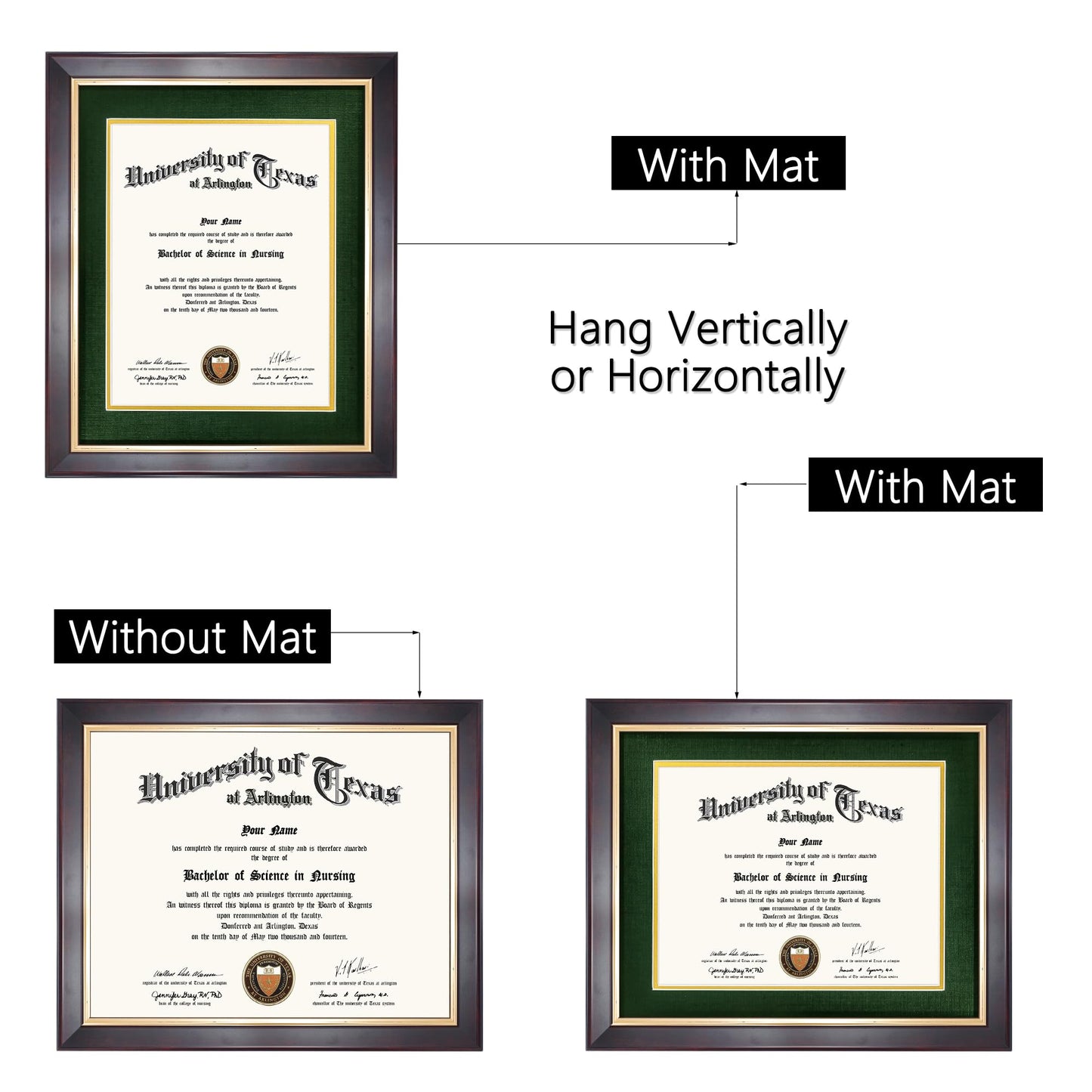 GMFrames 8.5x11 Wood Diploma Frame with Green Mat or Display 11x14 Certificates without Mat,Tempered Glass,Deep Brown Finish with Gold Trim
