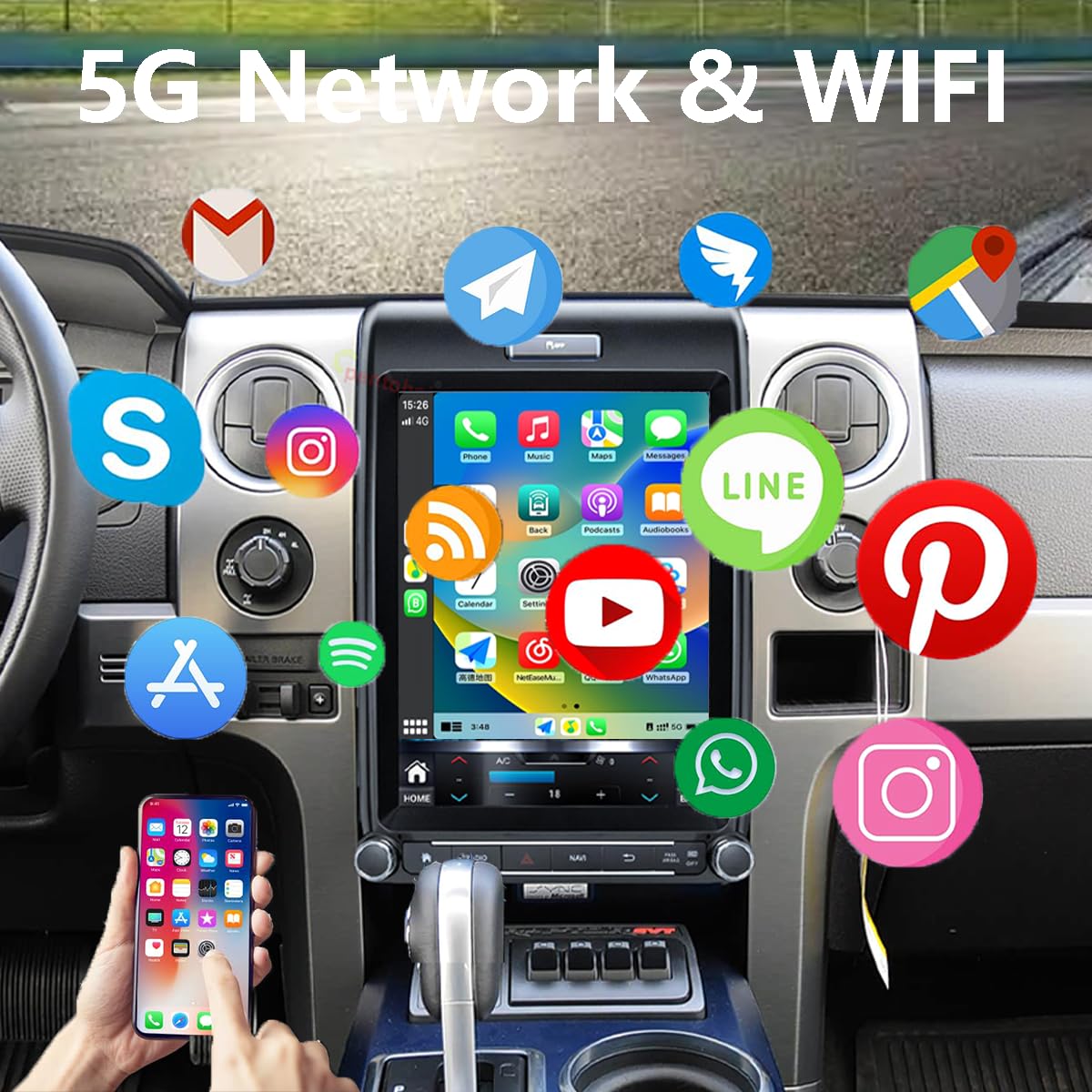 Upgrade Car Radio for Ford F150 2013 2014 Car Radio Android 14 Stereo Replacement 12.1 inch Touch Screen 8core CPU Tesla Vertical Screen Style with Wireless Carplay & Android Auto, DSP, 5G,WiFi
