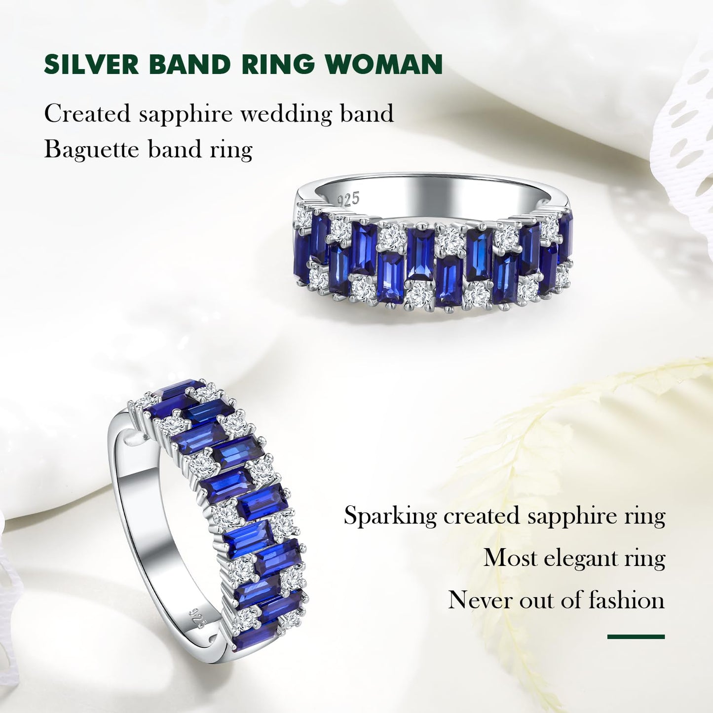RANDES Sapphire Band Rings for Women 925 Sterling Silver Emerald Cut Eternity Band Blue Ring September Birthstone Ring Size 6