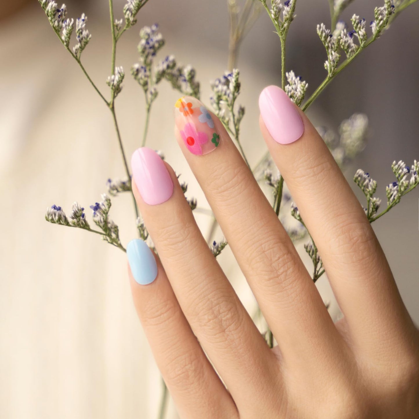 Semi Cured Gel Nail Strips - NAILOG 34 Pcs Floral Gel Nail Stickers Clear Extra Long Nail Wraps with Glossy Gel Finishing for Spring Summer, Petal Dance