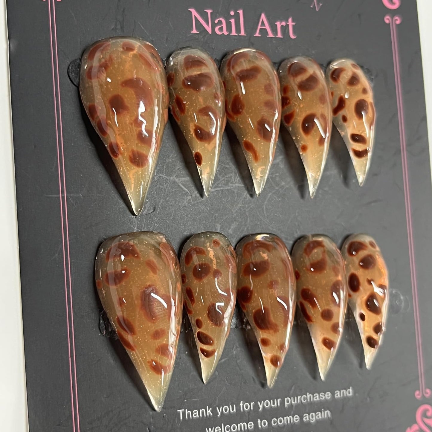 Handmade Press on Nails Medium Stiletto Brown Fake Nails Unique Eagle Claw Thick Acrylic Nails False Nails with Leopard Print Cat Claw Designs Fall Glossy Glue on Nail Curved Sturdy Nail Art 10Pcs(M)