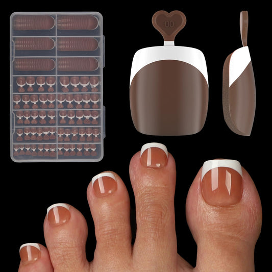 French Toe Nail Tips Press ons 288pcs, Pre-Designed 16 Sizes Soft Gel Full Cover Fake Toenails for Women Short Square, Pre-Applied Brown Base Coat & Tip Primer for DIY (Brown)